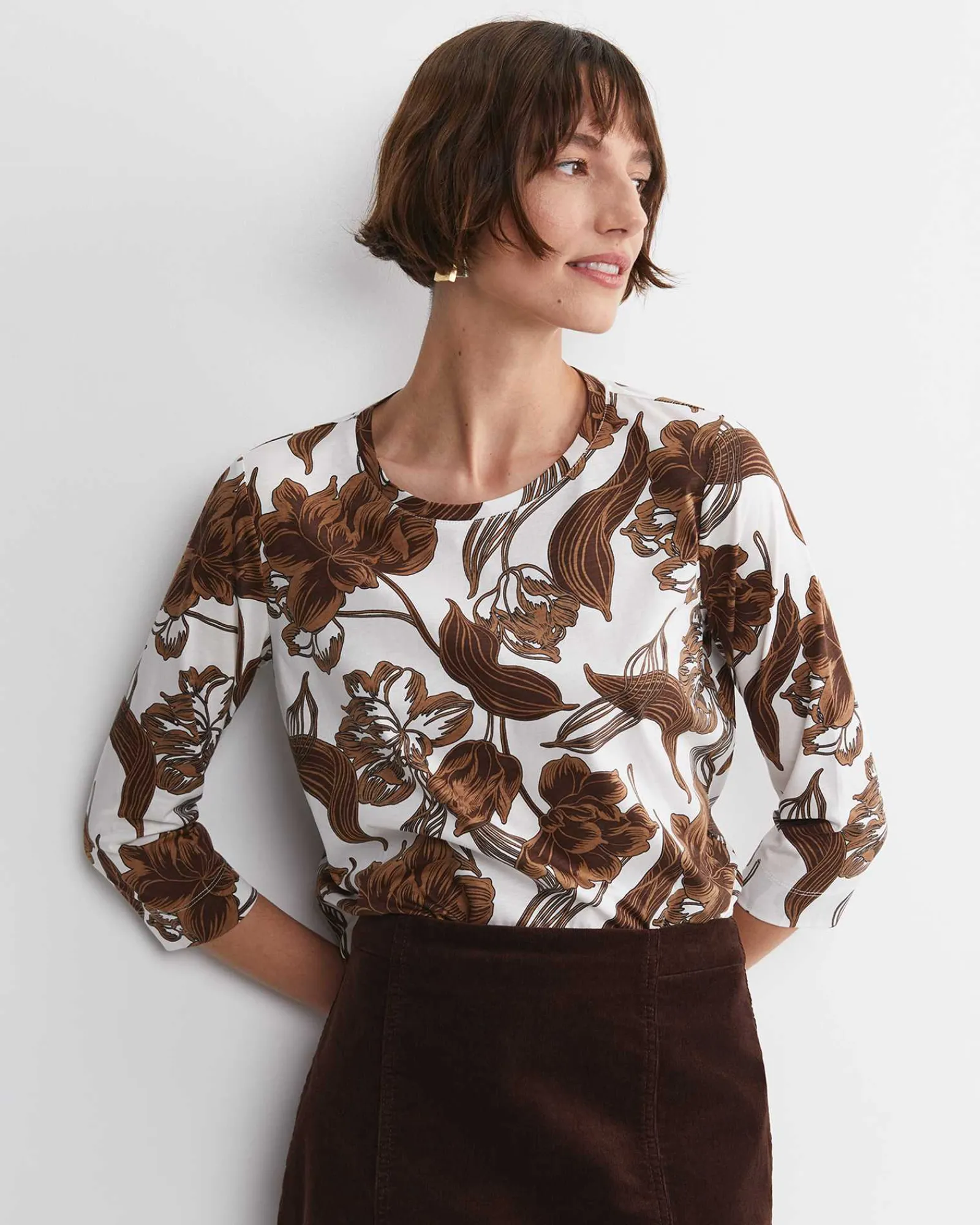 Clearance Sportscraft Zinnia Mercerised Tee in Ivorybrown Ivory/brown
