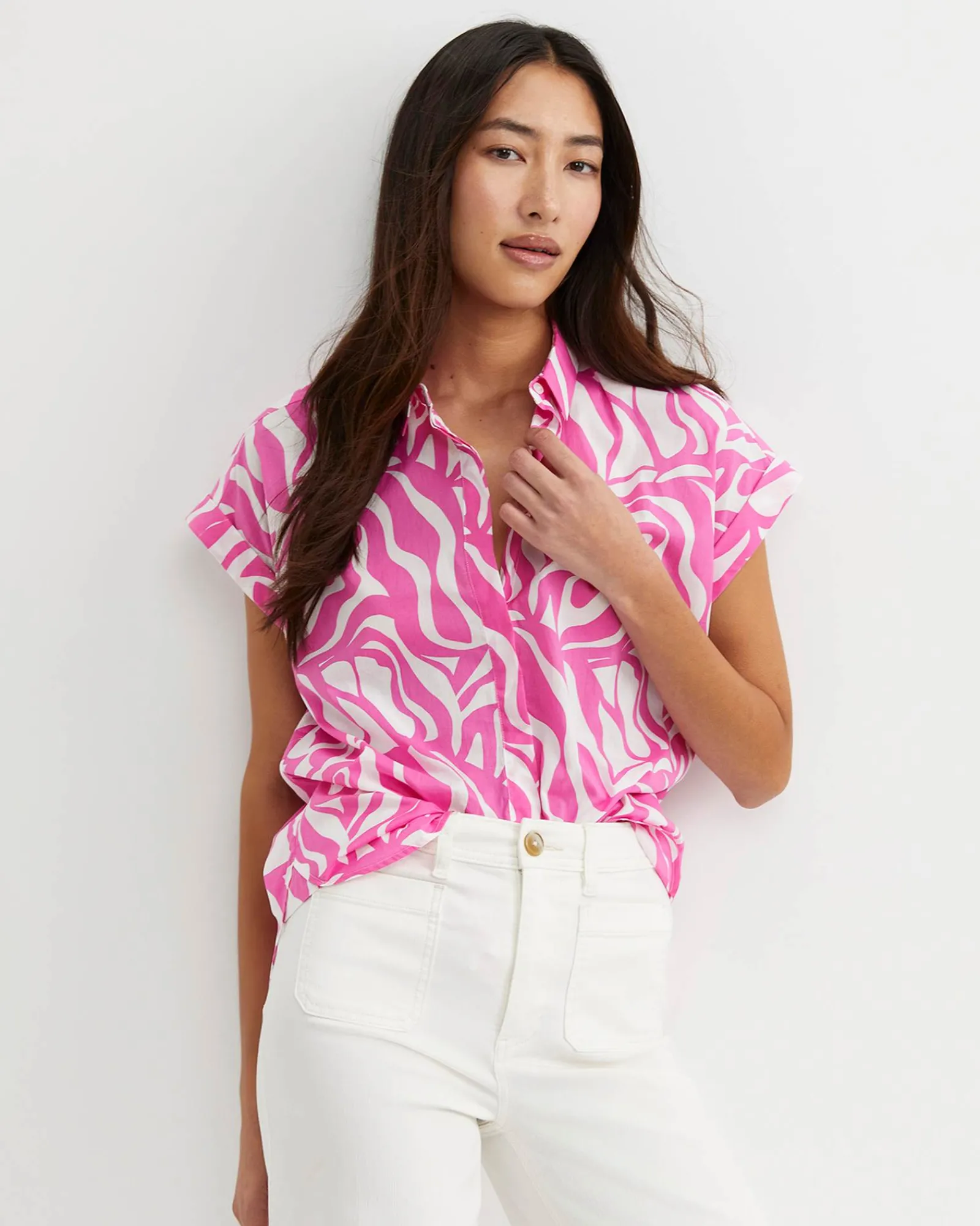 Best Sportscraft Zola Short Sleeve Lily Voile Shirt in Pinkwhite Pink/white