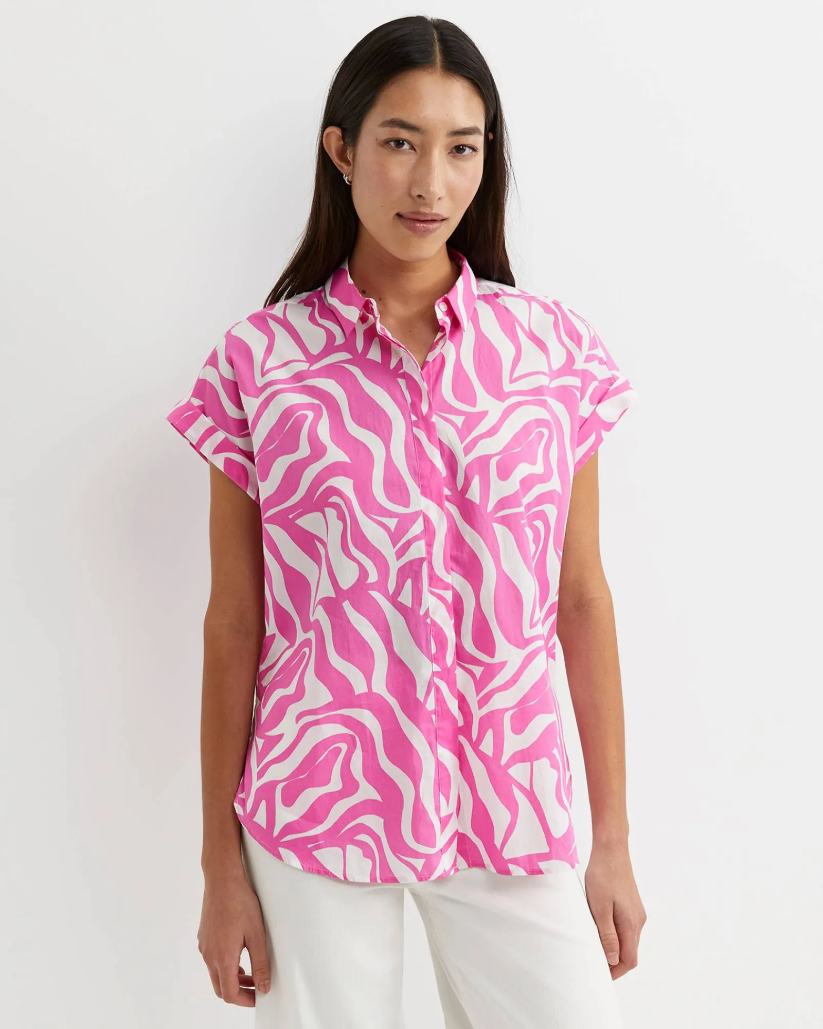 Best Sportscraft Zola Short Sleeve Lily Voile Shirt in Pinkwhite Pink/white